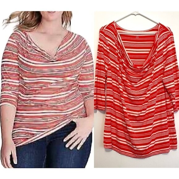 LANE BRYANT Plus Size Striped Drapey Neck Top Coral Orange Cream 3/4 Sleeve Cowl - Picture 1 of 15